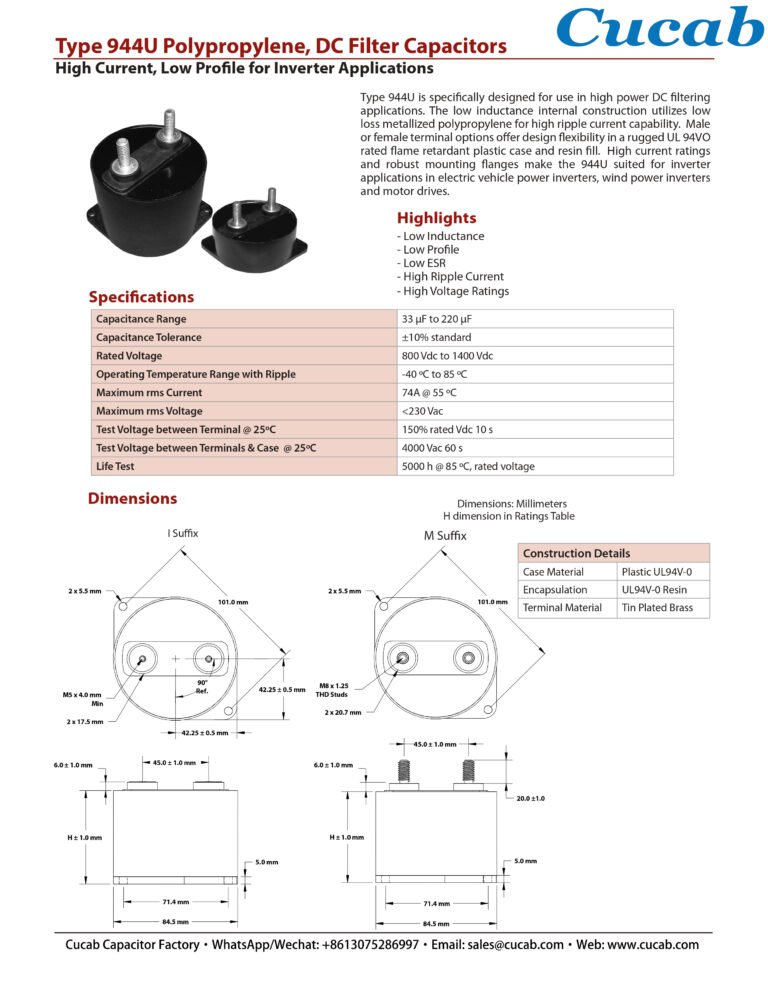 Kapasitor Film Profil Rendah Arus Tinggi 1400V 52UF